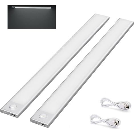 2 Pcs Lampe de Placard 73 LED 40cm Sans Fil, Rechargeable par USB, Aimanté, Détecteur de Mouvement, 3 Modes d’Éclairage, Portable, Lumière de Placard, Blanc Froid 6000K, Argent [Classe énergétique G]