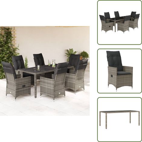 Relaxsessel - vidaXL 7-tlg. Garten-Essgruppe mit Kissen Grau Poly Rattan - Sitzkissen