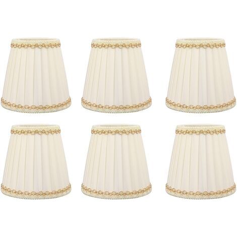 Set mit 6 kleinen Stofflampenschirmen. Zum Aufclipsen. Maße: 9 x 14 x 13 cm. Für E14-Leuchtmittel. Modernes Design für Büro und Wohnzimmer.