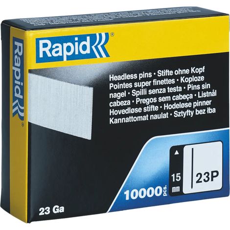 RAPID - Pointes acier galvanisé (Gauge 23 micro pins) - n°23P/15mm - Boîte carton 10000, idéal pour la menuiserie, les panneaux de bois, les plinthes et les meubles légers - (5001358)