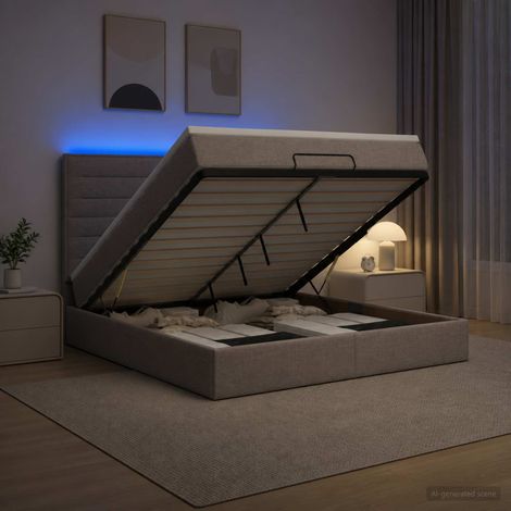 vidaXL Lit coffre avec matelas et LED Taupe 140 x 200 cm Tissu (1/5)