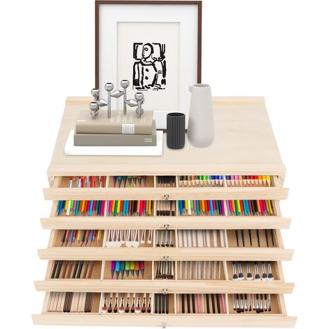 Lot 2 boîtes de rangement 5 tiroirs – Bois pin, 40×25,5×12,3 cm, 5 compartiments par tiroir – Pour stylos, bijoux, petits outils