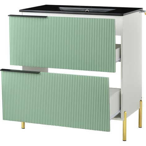 Waschtischunterschrank mit 2 Schubladen und Keramikwaschbecken, Freistehend, fuer Badezimmer, MDF, Gruen (1/5)