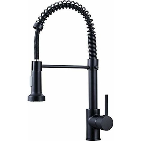 Kitchen Taps with Pull Down Sprayer, Kitchen Sink Taps, Brass Black Single Handle Single Lever High Arc Spring tap(Matte Black) (1/4)