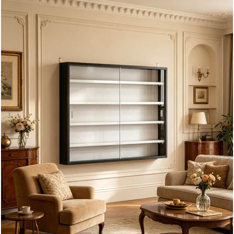 Vitrina de pared de vidrio 80 x 60 cm con 4 estantes ajustables, negro y blanco OKMYHOME (1/5)