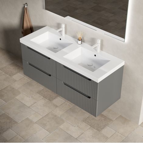Meuble de salle de bain suspendu 120 cm avec double vasque intégrée en résine, 4 tiroirs gris foncé (1/5)