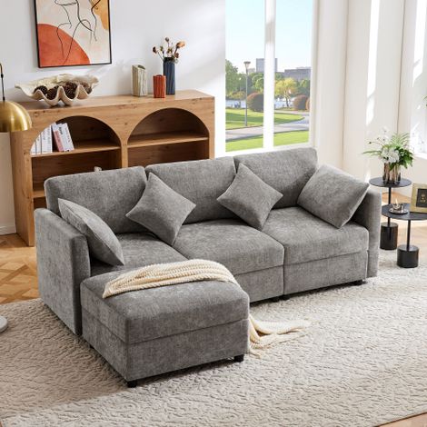 Sofá recto cama de 3-4 plazas, de felpa (chenilla), con puf, 4 cojines y brazos regulables, 218x156,5x86 cm (1/5)