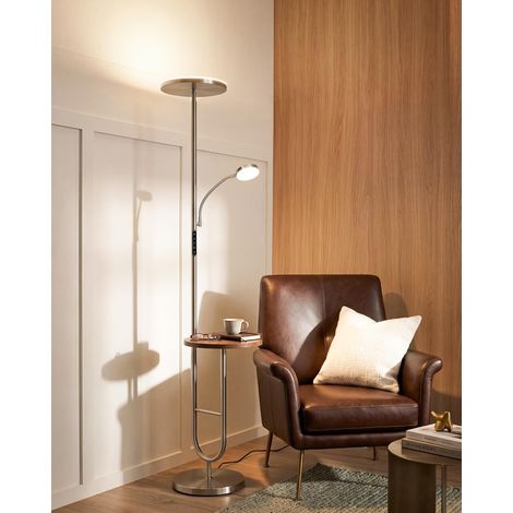 Lampadaire LED avec Tablette et Lampe de Lecture, 3800LM Dimmable avec Étagère, Télécommande et Commande Tactile, Minuterie 1H, Nickel Brossé (1/5)