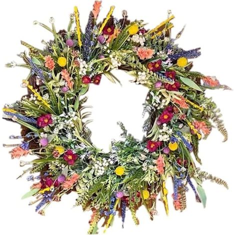 Couronne de porte printemps-été, guirlande de fleurs sauvages artificielles, guirlande décorative polyvalente et colorée de 40 cm.-AquaForge (1/5)
