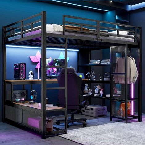Lit Mezzanine 140x200cm Bureau Penderie Ouverte Étagères - lit double - Éclairage LED Port USB Gain de Place Métal Noir (1/5)