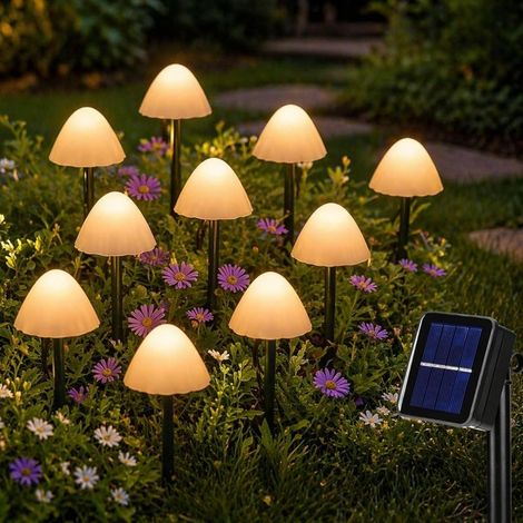 Lot de 10 lampes solaires en forme de champignon (3.5 m de longueur éclairée) avec panneau extérieur 20 cm de hauteur, LED blanc chaud, capuchons perlés, fonction extérieure résistante (1/5)