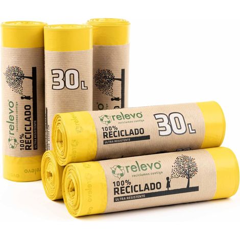 Sacs Poubelle Jaunes avec Liens Coulissants - 30L (Largeur 55 cm x Hauteur 60 cm), 90 Sacs (6 Rouleaux x 15 Sacs) - Sacs Poubelle Extra Résistants - 100% PEBD Recyclé - Certifié Blue Angel (1/5)