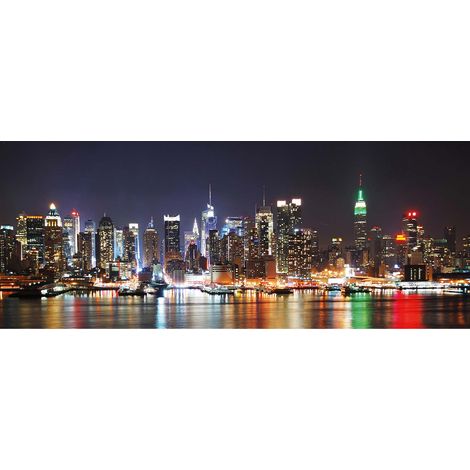 Tableau paysage New York Skyline | Tableau sur toile multicolore ville américaine | Tableau bleu New York de nuit pour bureau et couloir 1,0 x 0,4 m (1/2)
