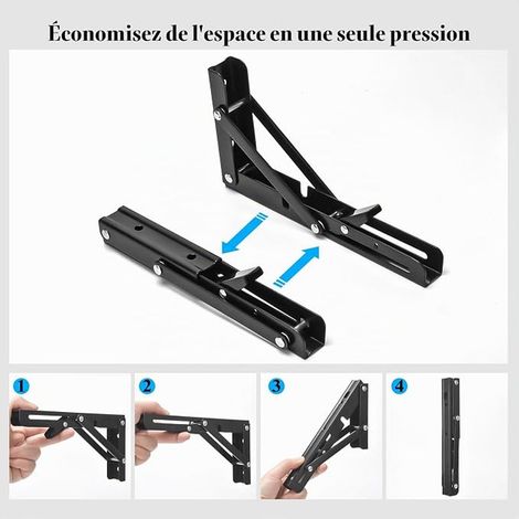 Support d' Étagères Pliable, 200mm Équerre Pliante Noir Console Pliants, Murale Supports Pliante, Pour Table Etagere Murale Garage Cuisine Chambre Bureau