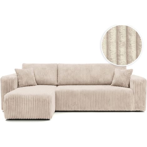 Loungitude – Canapé convertible d'angle réversible 4 places – Velours côtelé épais beige – Coffre de rangement intégré – Design moderne (1/5)