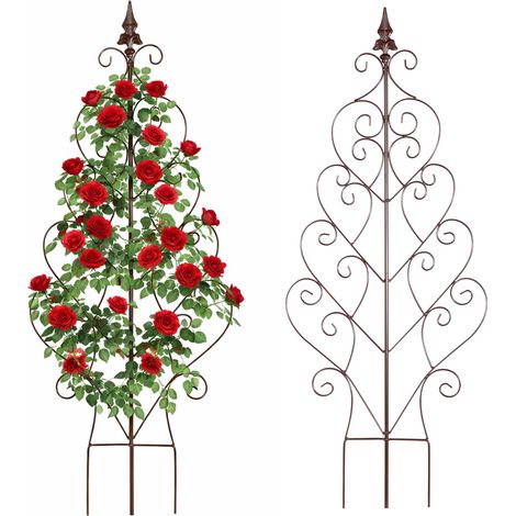 Relaxdays Griglia per rampicanti, set da 2, HxL 100x40cm, a cuore, acciaio, supporto piante per giardino e vaso, marrone