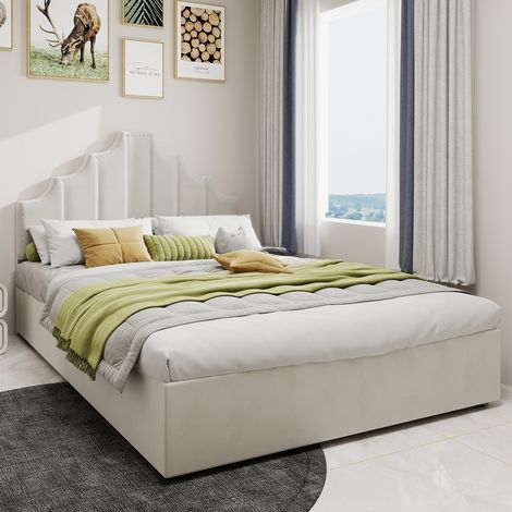 Letto contenitore per adulti 140x200 cm, idraulico, matrimoniale, rete a doghe imbottita, metallo + tessuto, materasso non incluso, beige (1/5)