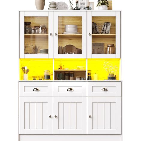 Buffet haut de cuisine Blanc,meuble moderne avec LED,avec 6 portes,3 tiroirs,140x40x175cm,cuisine,salon (1/5)