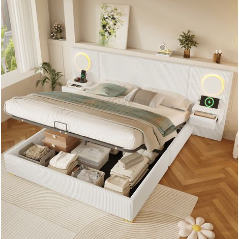 Letto matrimoniale 180x200 cm beige in velluto con LED, porte USB e contenitore idraulico (1/5)