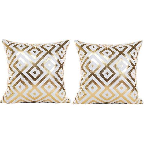 Lot de 2 Taies d'Oreiller Blanc 45x45cm, Lin à Imprimé Or, Coussin Carré Décoratif pour Canapé et Lit (1/3)