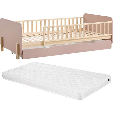 Letto 90 x 190 cm con cassetto Pino e MDF Naturale e rosa + Materasso - LADEMI