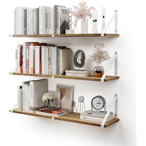 Étagères murales suspendues pour Le Mur, Lot de 3, 80 cm x 20 cm Étagère Bibliothèque pour Chambre à Coucher Salon Bureau Salle de Bain Cuisine Bois avec Support métallique (Naturel Blanc) (1/5)