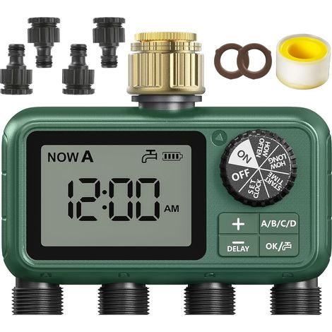 4 Way Water Timer with Brass Inlet, Large LCD Display, Automatic Watering for Garden, Programmable Irrigation, Simple Use, Rain Delay Manual Watering for Lawn (1/5)