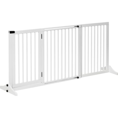 Cancelletto per cani autoportante in legno con porta, colore bianco, dimensioni 113-166x36x71 cm, ideale per la sicurezza degli animali domestici in loco. (1/5)
