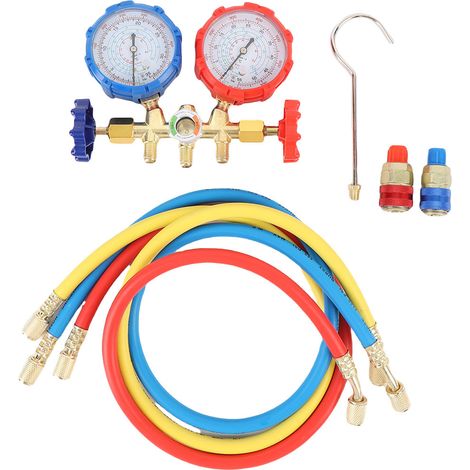 Jeu de jauges de collecteur AC pour réfrigérants R134A R12 R22 R502 automobile avec raccords rapides de tuyaux. (1/2)