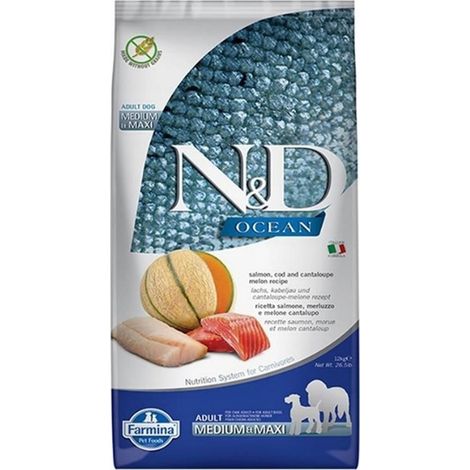 Farmina Dog N&ampD Ocean Adult Medium Maxi Salmone Merluzzo e Melone  - Farmina Dog N&ampD Ocean Adult Medium Maxi Salmone Merluzzo e Melone - Sacco Da 12 Kg (1/3)