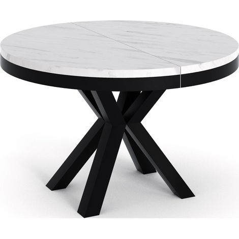 Runder Ausziehbarer Esstisch - Tisch im Loft-Stil mit Metallbeinen - Industrieller Tisch für Wohnzimmer - Spacesaver - Marmor Weiß - 100 bis 180 cm
