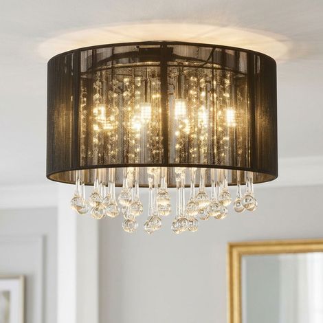 Deckenlampe Deckenleuchte schwarz Glaskristalle Esszimmer 8 flammig, Metall Seide, 8x LED warmweiß, DxH 40x29 cm