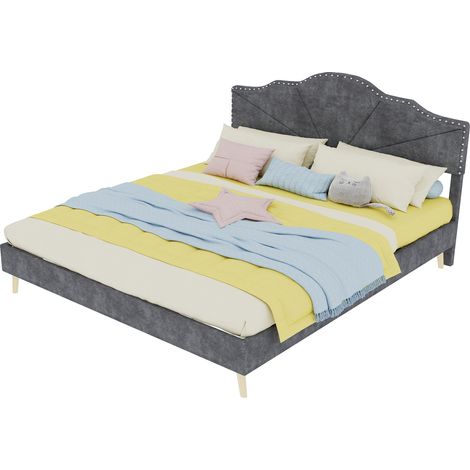 Lit 160x200 cm rembourré gris, tête de lit géométrique à clous, cadre à lattes stable et design, matelas inclus, idéal pour chambre moderne  CHICFURN (1/5)