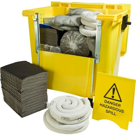 Kit de déversement contient Sacs et serre-câbles (x24), Boudins (x4), Panneau de sol, Ruban de signalisation de danger, ( Prix pour 1 Kit )