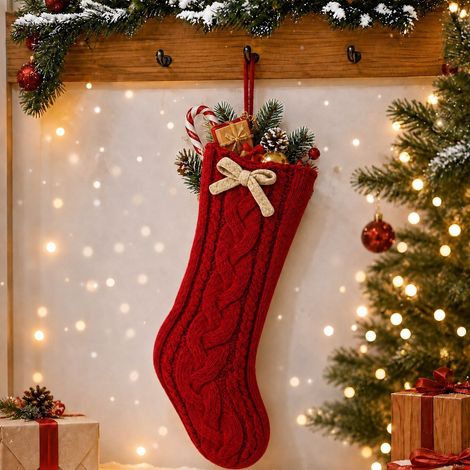 Chaussette de Noël rouge tricotée grand format, sac cadeau bonbons avec lien à suspendre, décoration festive pour cheminée, maison et fête de Noël