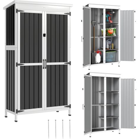 Mobile da giardino in legno e acciaio – 3 ripiani estraibili – Doppia anta con chiusura in metallo – 94 x 43 x 166 cm – Nero