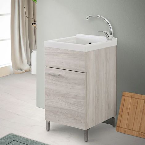 Mobile lavatoio 45x50 cm rovere grigio con vasca lavapanni in ceramica (1/5)
