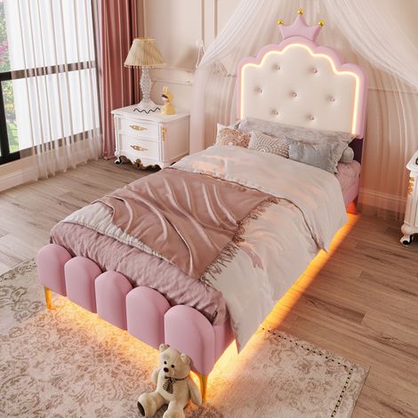 Cama tapizada de PU rosa 90x200 cm con somier de láminas y luz LED ambiental (1/5)