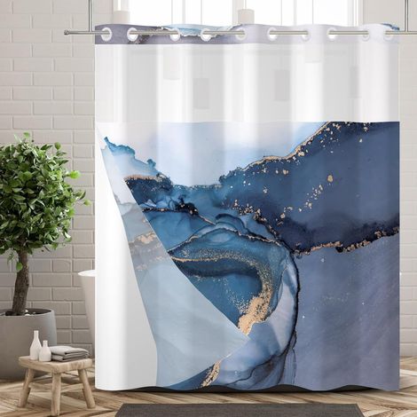 Rideau de Douche sans Crochets avec Doublure à Pression, Double Couche, Motif Abstrait Bleu foncé et Gris marbré, décoratif pour Salle de Bain Transparent imperméable 180x180cm (1/5)