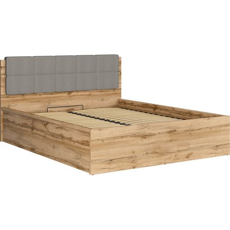 Lit adule 160x200 avec tête de lit capitonnée gris clair,sommier et rangement, coloris Chêne wotan - Longueur 204,5 x Profondeur 169 x Hauteur 95/40,5 cm (1/5)
