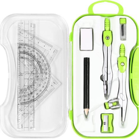 Kit de géométrie mathématique vert 10 pièces avec étui incassable – Comprend règles, rapporteur et autres outils pour le dessin technique.