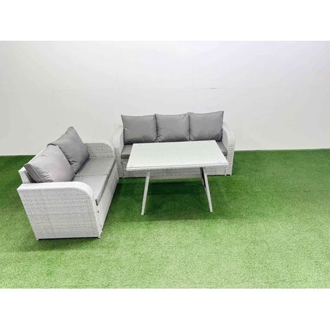 Fimous Outdoor PE Rattan Garden Furniture Set Rectangular Dining Table Sofa Set Light Grey (1/4)