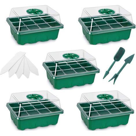 5 Pack Bac à Semis Vert Mini Plateau Semence Serre Potager pour Semis 12 Trous avec Outils de Plantation et Étiquettes de Plantes