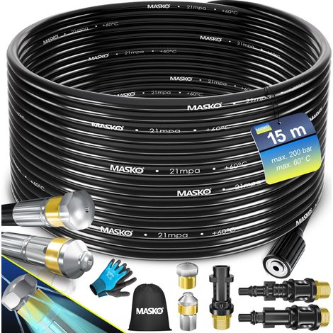 MASKO® Premium manguera de limpieza de tuberías 200 bar incl. bolsa 3 adaptadores 2 boquillas + giratorio compatible con Kärcher  15m / Negro - Premium (1/5)