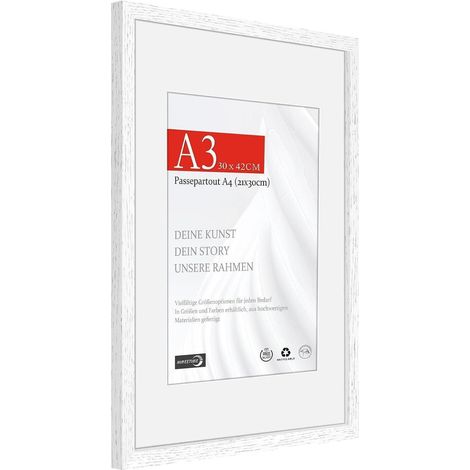 Bilderrahmen A3 (29,7x42cm) Naturholz Weiß mit Passepartout für A4 (21x30cm) (1/5)