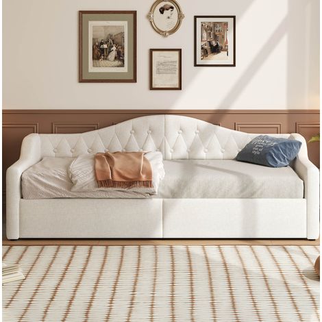 Lit de jour rembourré 90x200 cm beige en MDF et contreplaqué avec tête de lit, LED latérales et rangement sous le lit (1/5)