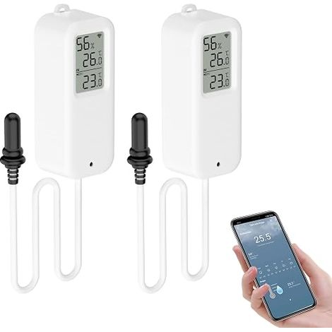 Thermometre Intérieur Exterieur, Wifi Thermomètre Connecté App Alarme, Exportation de Données Thermometre Frigo Moniteur, Convient pour Chambre, Aquarium, Réfrigérateur, Blanc avec écran 2 Pièce (1/5)