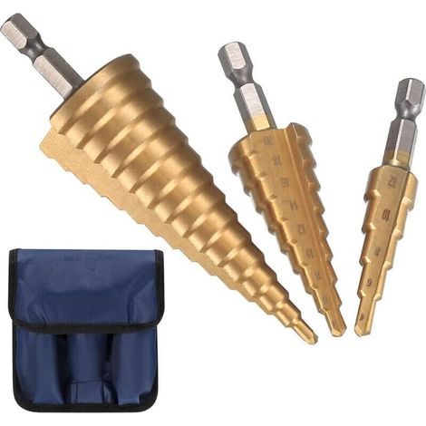 3 Pcs Foret Étagé, HSS Foret Etage avec Poinçon de Centre Automatique, Meche Etage Triangle Conique Coupeur de Trou de Peu de Foret de Cône Enduit pour Metal, Acier, Bois - 4mm-12/20/32mm (1/5)