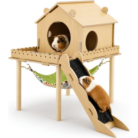 Maison 3-en-1 pour cochon d'Inde, maison pour hamster avec plateforme, escalier, rampe et cachette, accessoires pour petits animaux avec hamac, convient pour lapins, hamsters nains (1/5)
