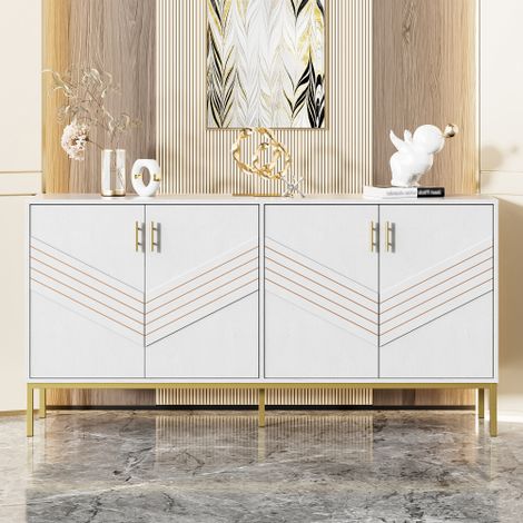 Aparador blanco y dorado con puertas, mueble de almacenaje con patas metálicas y estantes regulables, 160x40x81 cm (1/5)